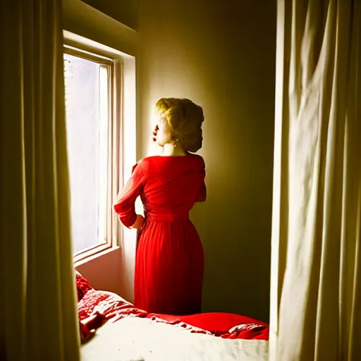 Image similar to woman wearing white and red looking outside the window in her bedroom at night, elegant, highly detailed, 8 k, photorealistic, photography, real picture, heavy grain, studio lighting, hdr, photographed by steve mccurry, annie leibovitz, henri cartier - bresson, robert capa, andreas gursky