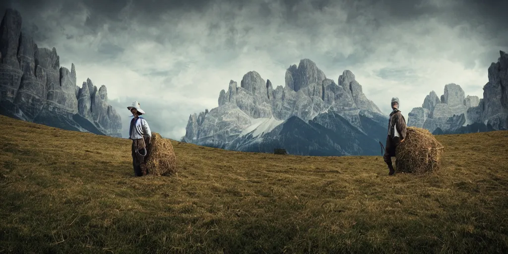 Image similar to alpine farmer transforming into hay monsters ,roots and hay coat, dolomites in background, dark, eerie, despair, portrait photography, artstation, highly detailed, sharp focus, by cronneberg