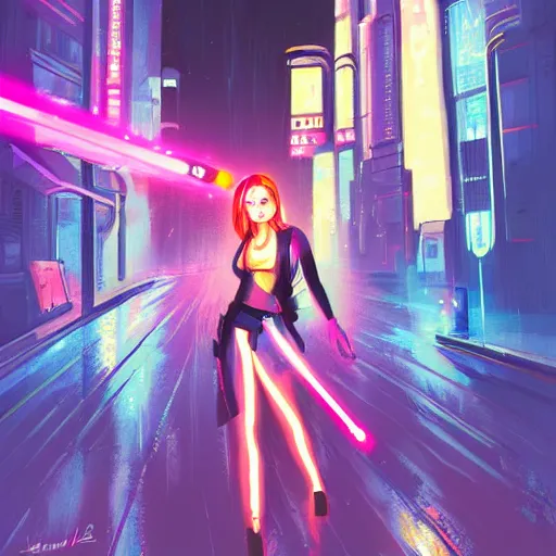 Image similar to a girl with a lightsaber in a neon cyberpunk city at night, art station, digital art, cinematic