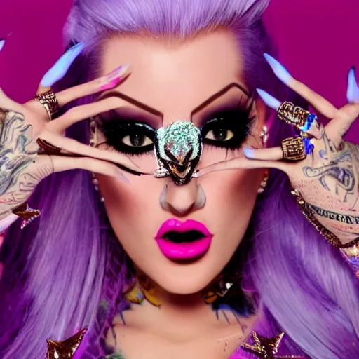 Prompt: hyper realistic photo of jeffree star practicing witchcraft in an y 2 k rhinestone mcbling bedroom