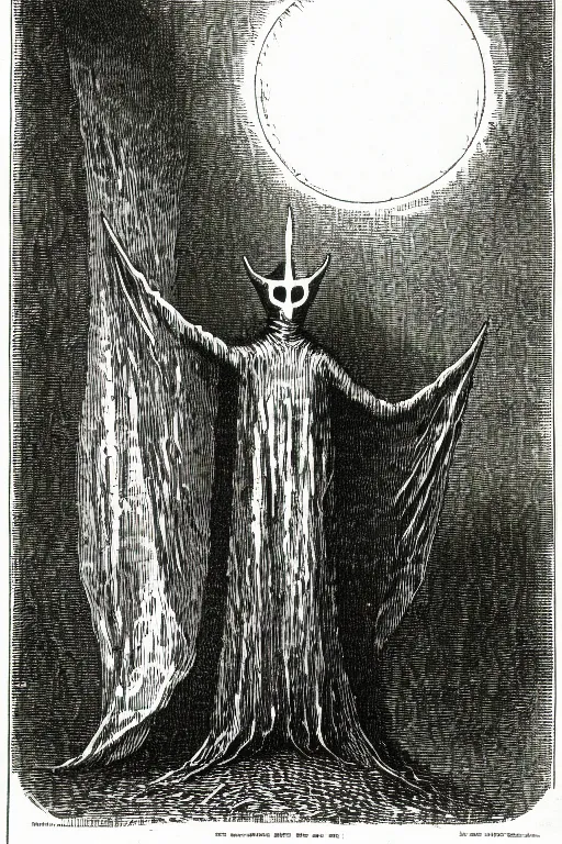 Image similar to the flatwoods monster, as a demon from the dictionarre infernal, pen - and - ink illustration, etching by louis le breton, 1 8 6 9, 1 2 0 0 dpi scan, ultrasharp detail, hq scan, intricate details, stylized border