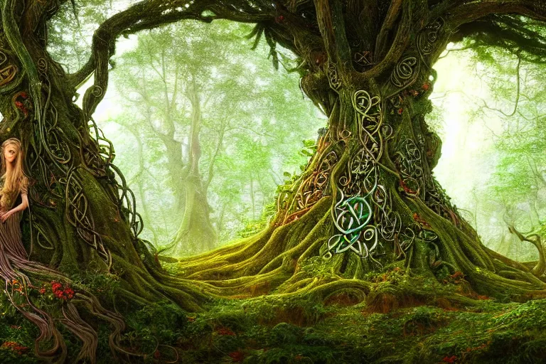 Prompt: a beautiful and highly detailed digital painting of an elven tree with celtic roots in a lush forest, psychedelic patterns, intricate details, epic scale, 8 k, sharp focus, photorealism, artstation, cgsociety, by caspar friedrich, albert bierstadt, james gurney, brian froud,