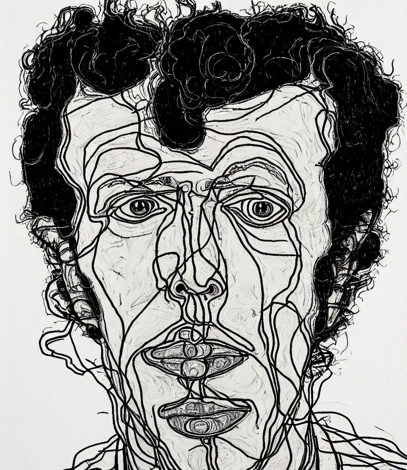 Image similar to detailed line art portrait of tom waits, inspired by egon schiele. caricatural, minimalist, bold contour lines, musicality, soft twirls curls and curves, confident personality, raw emotion