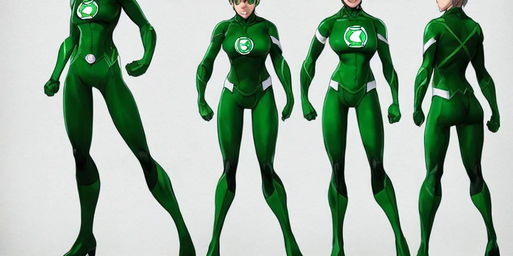 Image similar to full body exaggerated outfit, female green lantern character clean concepts by senior concept artist in the anime film, suit, powers, glowing, stronge, smooth, high detail, featured on artstation