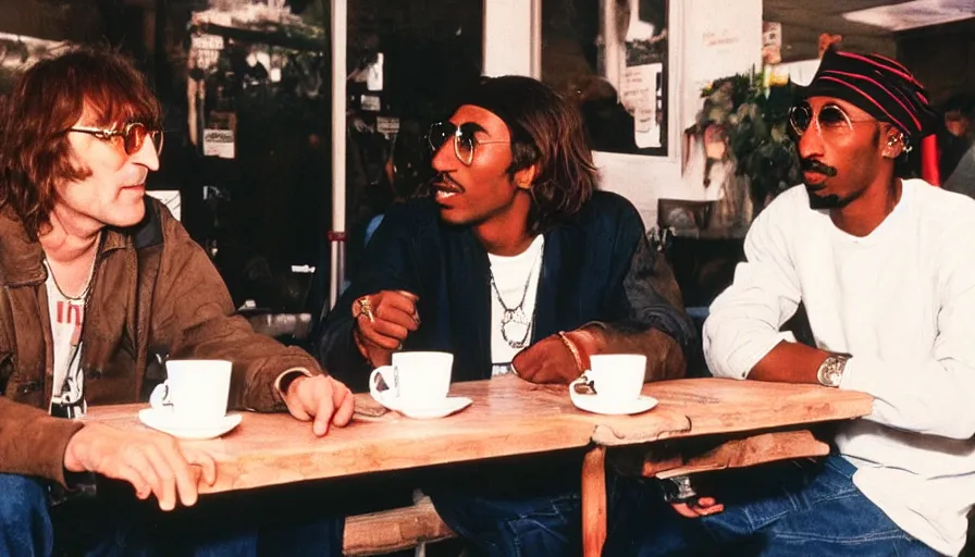 Image similar to candid 35mm photo of John Lennon and Tupac Shakur hanging out at a cafe in 2022