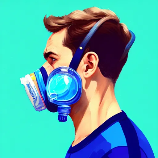 Prompt: a profile photo of a man with oxygen mask, side profile in underwater, highly detailed, digital painting, artstation, concept art, smooth, sharp focus, illustration by Sandra Chevrier