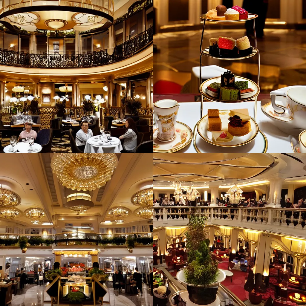 Prompt: high tea at the Savoy hotel atrium, London