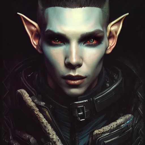 Image similar to portrait painting of a cyberpunk elf mercenary bill kaulitz, ultra realistic, concept art, intricate details, eerie, highly detailed, photorealistic, octane render, 8 k, unreal engine. art by artgerm and greg rutkowski and charlie bowater and magali villeneuve and alphonse mucha