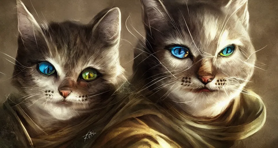 Image similar to if cats were lord of the rings characters, lotr, cats, cats dressed in lotr costumes, hobbits, gandalf, elves, dwarves, 4 k, hyper realistic, artstation