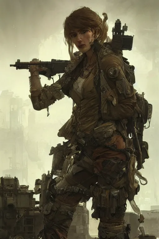 Image similar to A full portrait of a beautiful post apocalyptic commando, intricate, elegant, highly detailed, digital painting, artstation, concept art, smooth, sharp focus, illustration, art by Krenz Cushart and Artem Demura and alphonse mucha