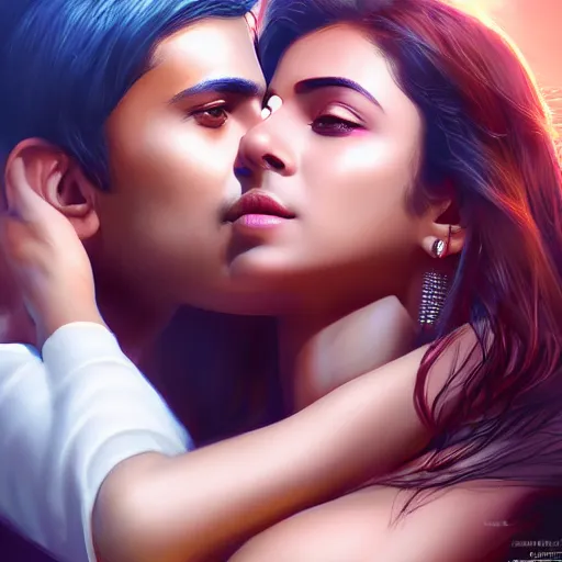 Image similar to theatrical press release ; indian young male and female couple sharing one heart ; stunning digital artwork by artgerm ; cinematic movie pose ; photorealistic, hyperrealistic, dramatic soft rim light ; highly detailed ; face by wlop ; trending on artstation ; cinematography from music video ; symmetrical, high coherence