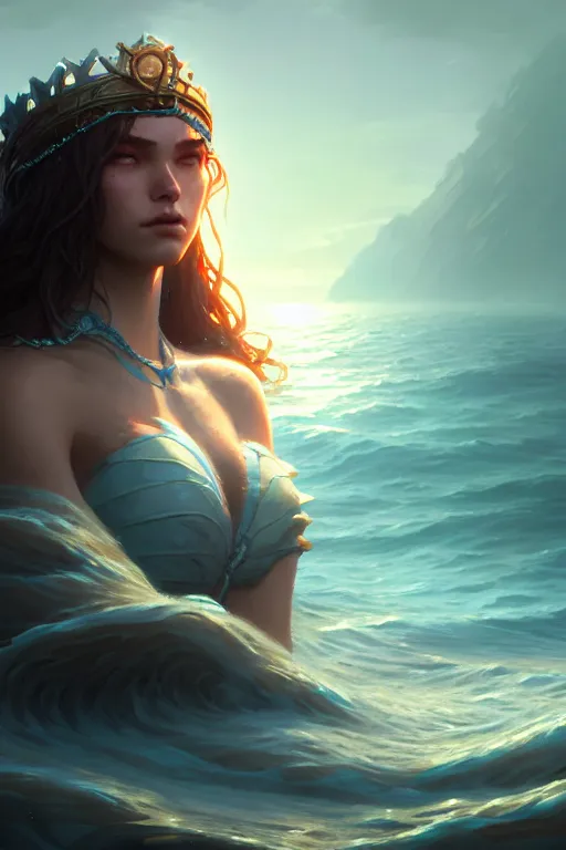 Prompt: queen of the sea, mysterious, serene, highly detailed, digital painting, artstation, concept art, smooth, clear focus, illustration, unreal engine 5, 8 k, works by ross tran, greg rutkowski and edgar maxence