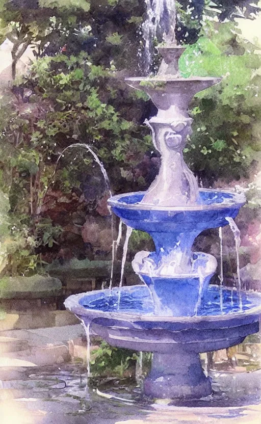 Image similar to concept art of a magical fountain in a garden, pinterest, artstation trending, behance, watercolor, by coby whitmore, silver, laser light,