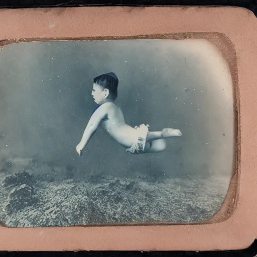 Image similar to tintype photo, swimming deep underwater, kid with huge crab