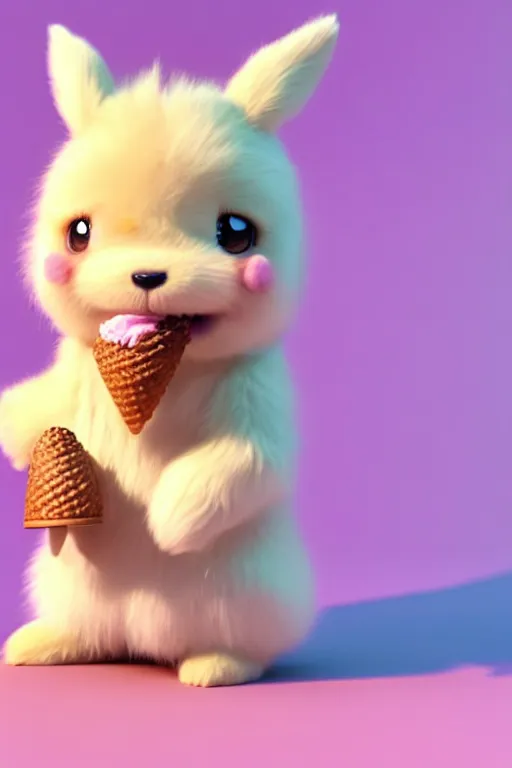 Prompt: high quality 3 d render hyperrealist very cute pastel fluffy! anthropomorphic westie eating giant ice cream full body, vray smooth, in the style of detective pikachu, hannah yata charlie immer, very dramatic pink light, low angle, uhd 8 k, shallow depth or field