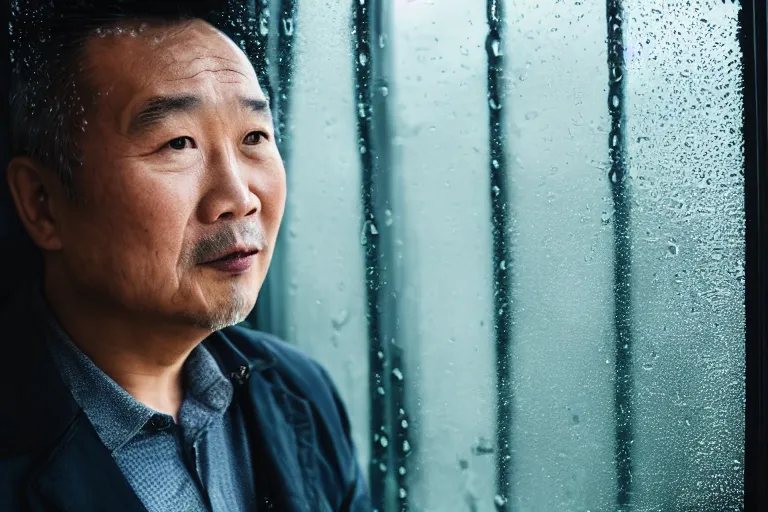 Image similar to a cinematic headshot portrait of a middle aged asian man, through a steamed up window, movie still, ocean background, waves, rain, dramatic lighting, back light, hair light, rim light, 4 k, ultra realistic