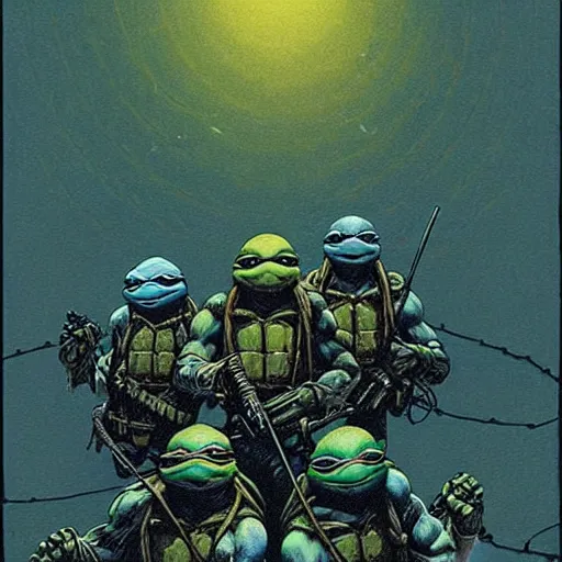 Image similar to ninja turtles by beksinski and tristan eaton, dark neon trimmed beautiful dystopian digital art
