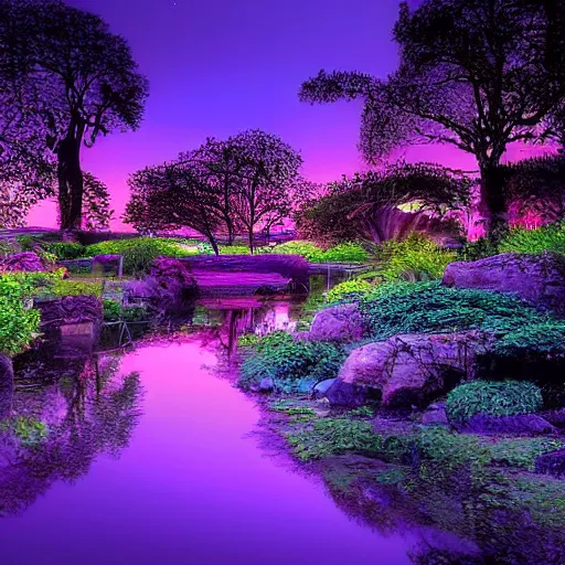 Image similar to a beautiful oasis at night pink blue purple by peter stephens