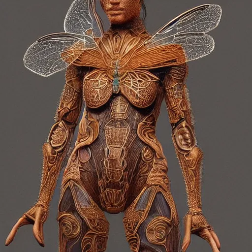 Image similar to brown woman wearing a translucent dragonfly armor. intricate. super detailed. layered. textured. award winning. dispersion of light. refracted lighting. soft. fragile.