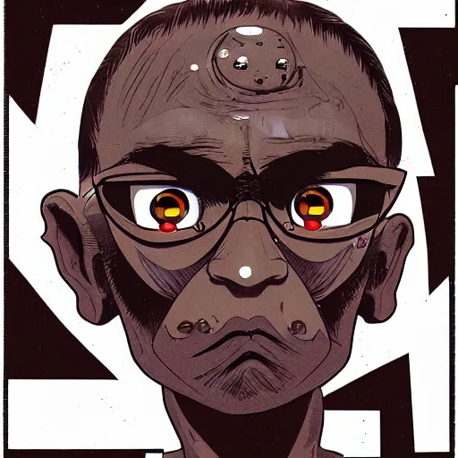 Image similar to a dark brown humanoid, hyper detailed, in the style of katsuhiro otomo and and katsuhiro otomo and katsuhiro otomo, selfie