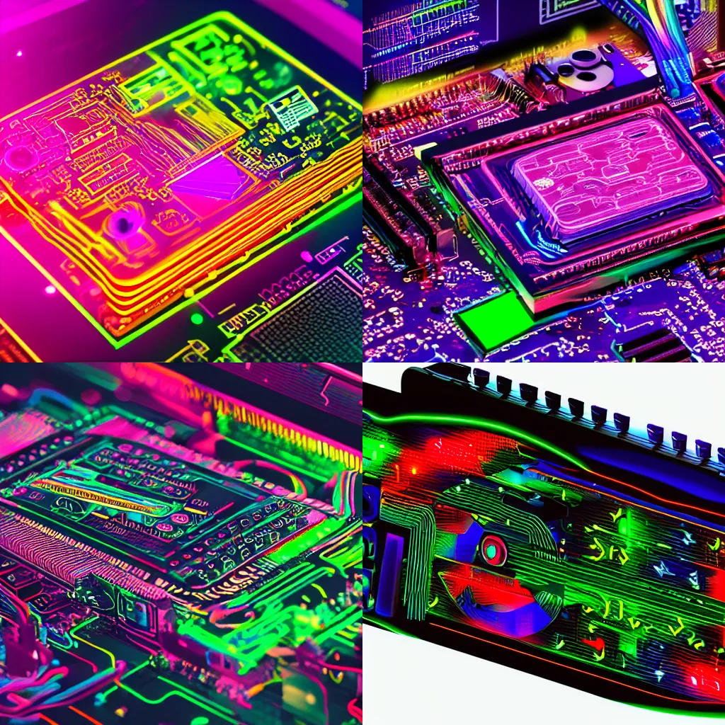 Prompt: A highly technical and realistic illustration of a graphics card in a computer, with colorful neon circuitry and data emanating from it. 4k, 8k resolution