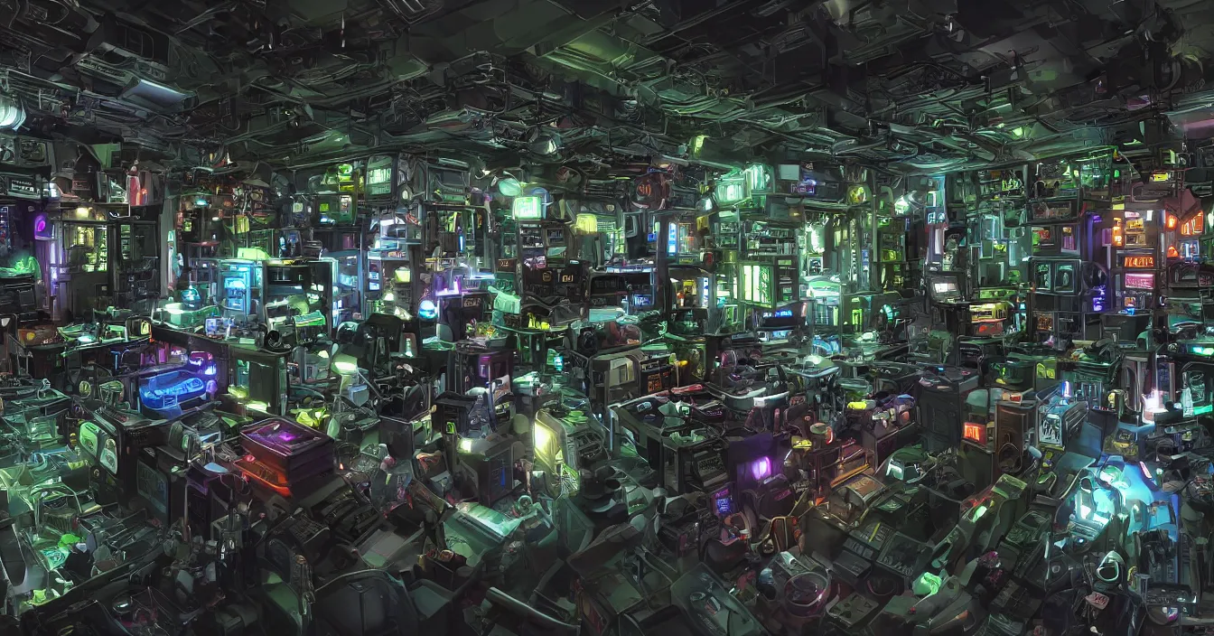 Prompt: Wide view of a room interior of strange hardware geek from far future, full of various electronic hardware components, devices and instruments, incredible sharp detail, back light contrast, dramatic dark atmosphere, bright vivid colours, reclections, metal speculars, render in Unreal Engine, Digital Domain, ILM, movie quality vfx