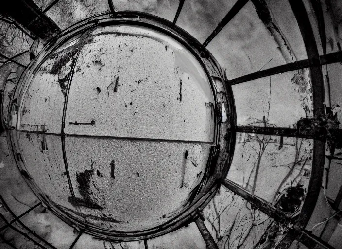 Prompt: Professional Photography, Nikon, Post apocalyptic water tank, Angle looking into the tank, dirty water