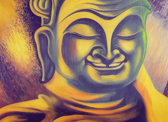 Prompt: oil on canvas painting of a smiling Buddah, by Dan Mumford and Umberto Boccioni, sanskrit, 3d, realistic shading, complimentary colors, aesthetically pleasing composition, masterpiece, 4k, 8k, ultra realistic, super realistic