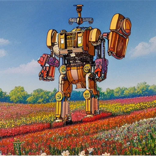 Prompt: a beautiful painting of a large walking mechanical mech castle in a field of flowers by moebius