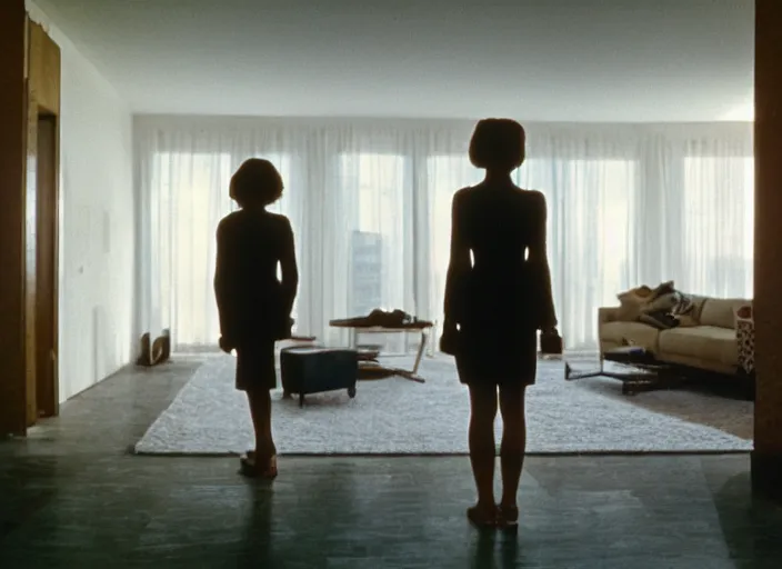 Image similar to photograph of young woman standing in front of radiating monolith in suburban living room, crisp focus, highly detailed, in roger deakins style, 3 5 mm ektachrome