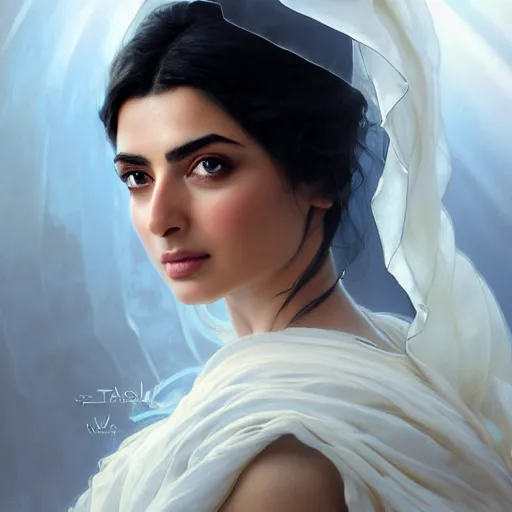 Prompt: a Photorealistic dramatic hyperrealistic,Crystal blue eyes greek ameera al taweel with black hair, white veil,elegant face, by WLOP,Artgerm,Greg Rutkowski,Alphonse Mucha, Beautiful dynamic,shadows,Artstation,concept design art,Octane render,8K