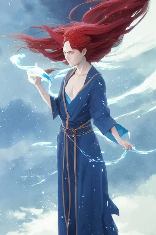 Image similar to elvish female sorcerer doing water magic spells, blue robes, red hair, finely detailed perfect face, exquisite details, mid view, design on a white background, by studio muti, greg rutkowski makoto shinkai takashi takeuchi studio ghibli