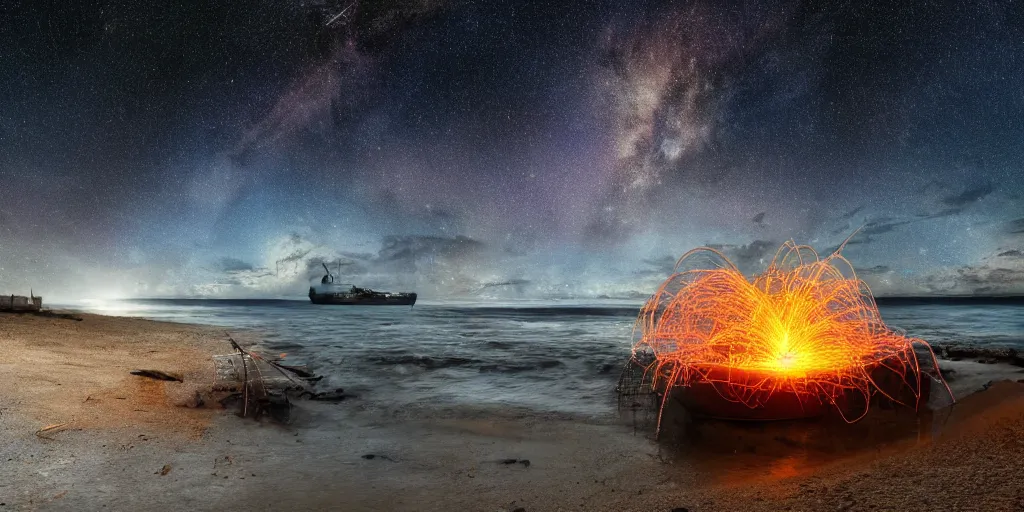 Prompt: glowing steel wool spinning around a detailed grounded shipwreck, aground, beautiful tropical beach at night time, puddle reflections!, night time, highly detailed, photorealistic, milky way is above, reflections, smooth, sharp focus, ultrawide, trending on artstation