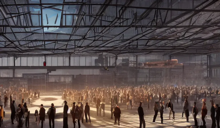 Image similar to group of people in simple warehouse, surrounding hologram of futuristic city on a table, cinematic concept art, godrays, golden hour, natural sunlight, 4 k, clear details, tabletop model buildings, center model buildings, hologram center, crane shot, crane shot, crane shot