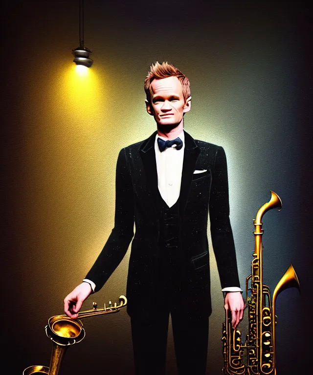 Prompt: hyperrealistic mixed media painting of Neil Patrick Harris as a jazz musician, dimly lit 1920s speakeasy, stunning 3d render inspired art by P. Craig Russell and Barry Windsor-Smith + perfect facial symmetry + dim volumetric lighting, 8k octane beautifully detailed render, post-processing, extremely hyperdetailed, intricate, epic composition, grim yet sparkling atmosphere, cinematic lighting + masterpiece, trending on artstation, very very detailed, masterpiece, stunning