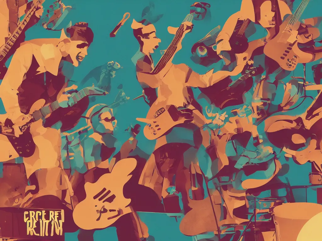 Prompt: crazy rock band, retro - vintage, neo soul, mixed media with claymorphism, spatialism, matte color palette, designed by artstationhq, retro, 3 d shading, low fi,