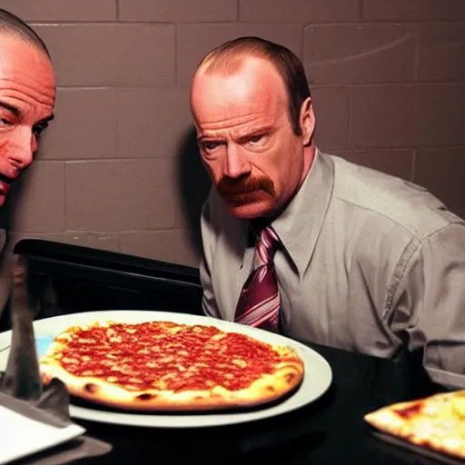 Prompt: Saul Goodman eating pizza with Walter White