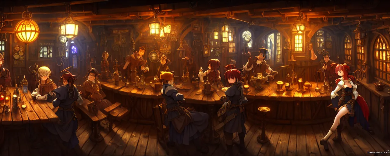 Image similar to A multidimensional cozy tavern, screenshot from medieval steampunk anime hidden object game, cinematic lighting, epic composition, cartoon, animation, background art, post processing, 8K resolution, elegant, highly detailed, digital painting, artstation, concept art, matte, sharp focus, illustration, art by da Vinci, Artgerm and Greg Rutkowski and Alphonse Mucha