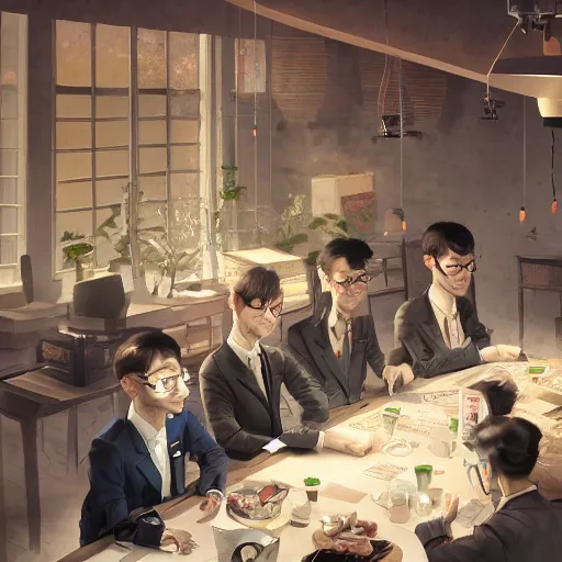 Prompt: a weasel wearing glasses in suits, surrounded by tea houses ambient lighting, 4 k, fenghua zhong, yangjun chen, wenjun lin, jung gi kim, artstation