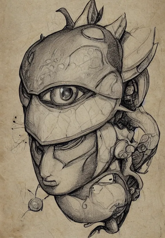 Prompt: fantasy, symmetrical beautiful human face, female humanoid creature, vascularity, plant armour, large intricate shell head piece covering forehead, button nose, full lips, muscular, large cute anime eyes, stylised, torso and head, bust, diagram, sketchbook, greys anatomy book, sketches, on old distressed parchment paper, watercolour, by brian froud