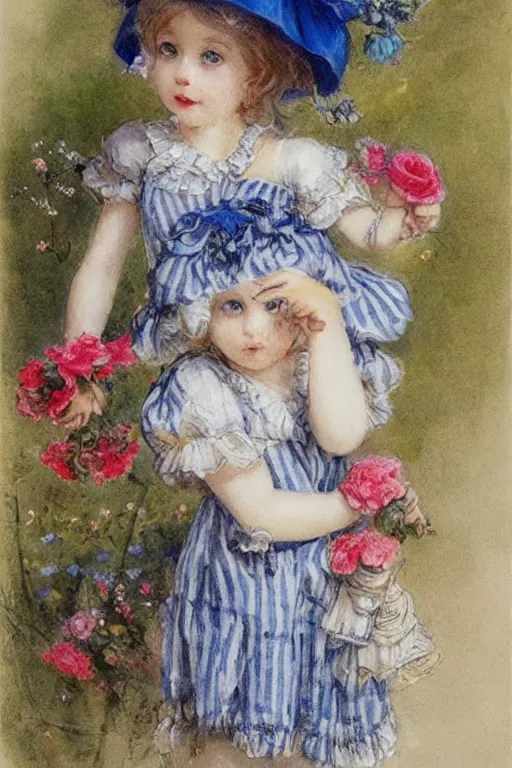 Prompt: cute girl big eyed with blue striped dress and flowery hat by jean - baptiste monge