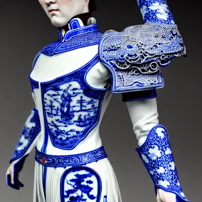 Image similar to porcelain cyborg imperial armor, Chinese Ming dynasty Blue and white porcelain mid-15th century, diffuse lighting, fantasy, intricate, elegant, highly detailed, lifelike, photorealistic, digital painting, artstation, illustration, concept art, smooth, sharp focus, art by John Collier and Albert Aublet and Krenz Cushart and Artem Demura and Alphonse Mucha
