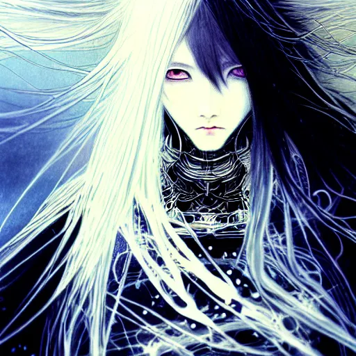 Image similar to Yoshitaka Amano blurred and dreamy illustration of an anime girl with wavy white hair and cracks on her face wearing Elden ring armour with the cape fluttering in the wind, abstract black and white patterns on the background, noisy film grain effect, highly detailed, Renaissance oil painting, weird portrait angle