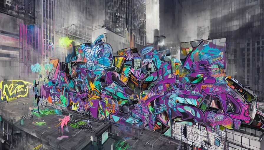 Image similar to urbanpunk - graffiti artists creating a mural on a building in a high - tech, futuristic inner city 0 f new york, urbanpunk youth, fashionable street clothing, spray cans, friends, blacklight graffiti street art, octane render, unreal 5, 8 k digital art, highly detailed, in the style of boondocks