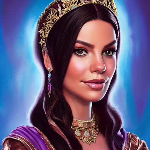 Image similar to a portrait of a woman who looks like a mix between sofia vergara and victoria justice as an arabian princess in a disney movie, crown!! oil painting, pale colors, high detail, 8 k, wide angle, trending on artstation,