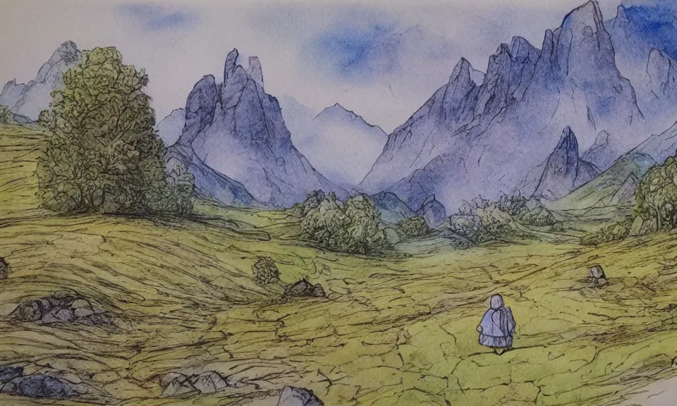 Prompt: lord of the rings landscape, beatrix potter style, pen and watercolor, epic, award-winning, 4k