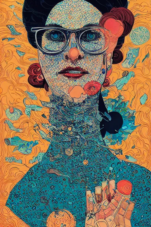 Image similar to portrait of mad lady scientist, stylized illustration by victo ngai, james jean, colorful comics style,