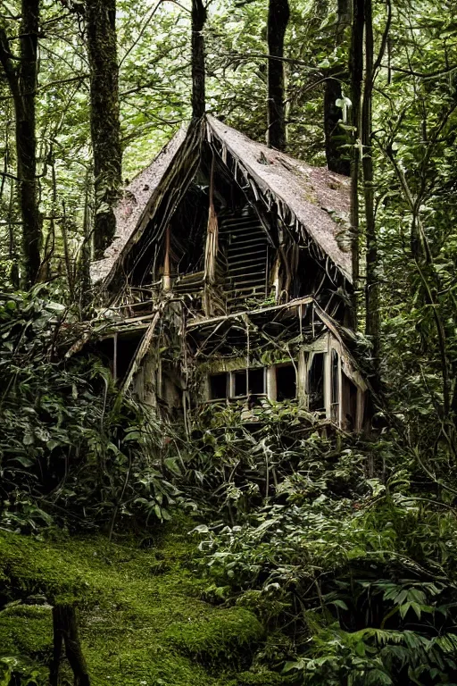 Image similar to a photo of an abandoned and overgrown ramshackle multistory hut in the woods, intricate, elegant, fantasy, highly detailed, sharp focus