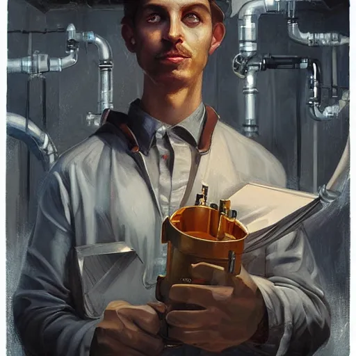 Prompt: beautiful plumber posing in factory, portrait, perfect symmetrical eyes, cinematic by peter mohrbacher, detailed, hyperrealism