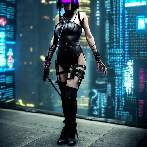 Prompt: photo of a real-life cyberpunk female assassin